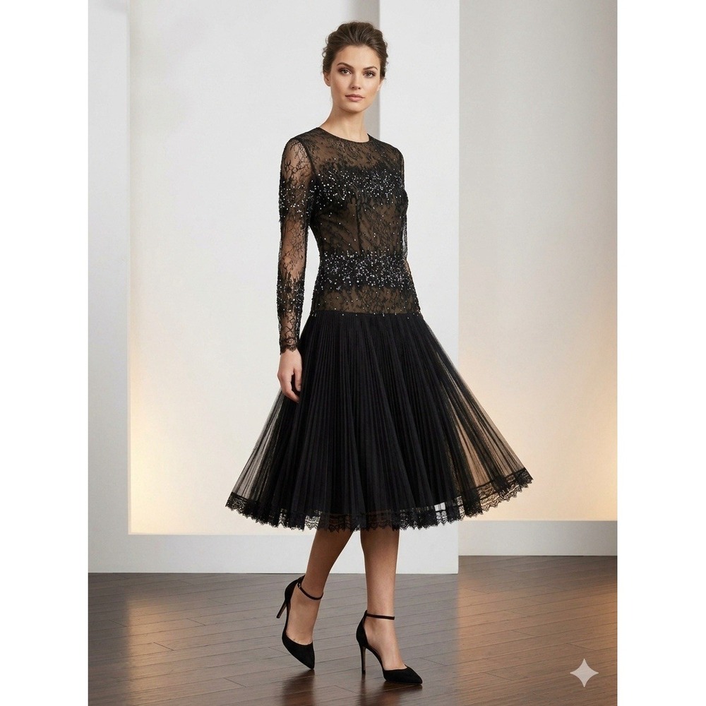 Lourdes Chavez Black Evening Dress Sheer Mesh Lace Tulle Sparkle